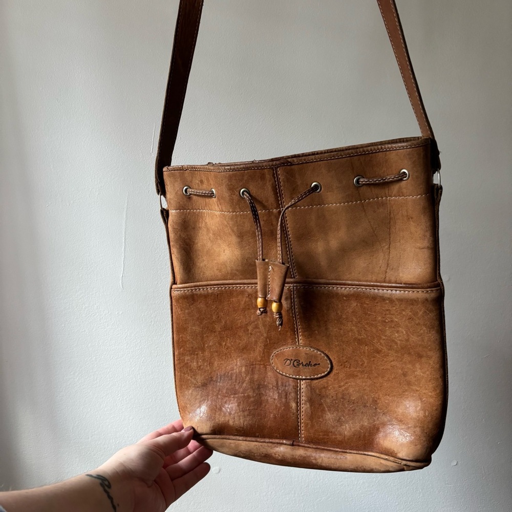 Vintage Worn Brown Leather Drawstring Crossbody Bag